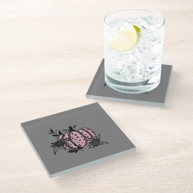 Coaster, Pink and Black Leopard Pumpkin Glass Coaster (Angled)