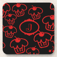 Coaster Set of 6, Monogram, Red Cupcakes on Black