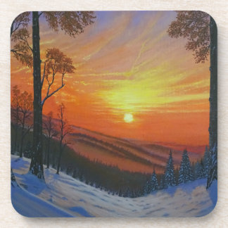 Coaster Set - "Sunset Over Snowy Forest"