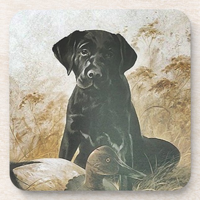 Coasters Black Lab Labrador Puppy Dog w Duck Decoy (Front)