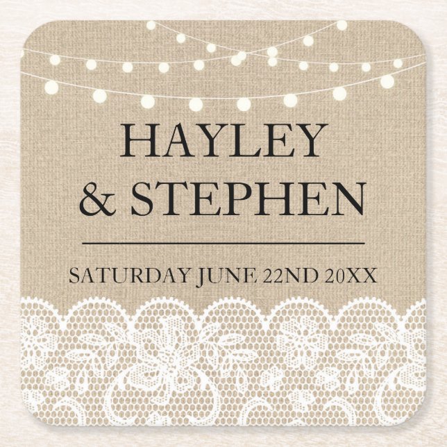 Coasters Burlap Lace Lights Rustic Wedding Party (Front)