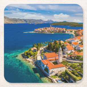 Coastline Korcula Town, Korcula Island, Croatia Square Paper Coaster