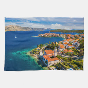 Coastline Korcula Town, Korcula Island, Croatia Tea Towel