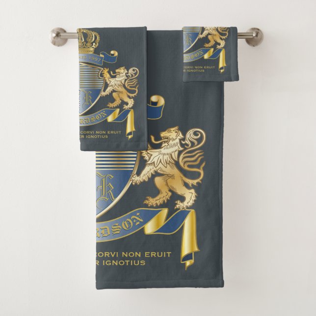 Coat of Arms Metallic Blue Gold Lion Ombre Emblem Bath Towel Set (Insitu)