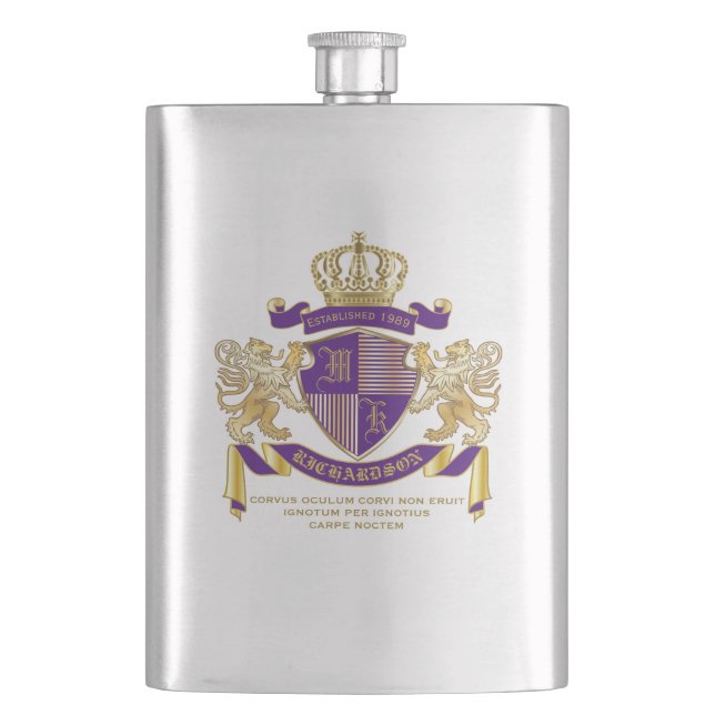 Coat of Arms Monogram Emblem Golden Lion Shield Hip Flask (Front)