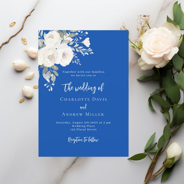 Cobal blue white roses florals wedding invitation (Creator Uploaded)