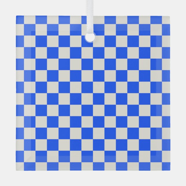 Cobalt and cream checkerboard pattern glass tree decoration (Front)