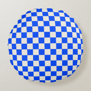 Cobalt and cream chequerboard pattern round cushion