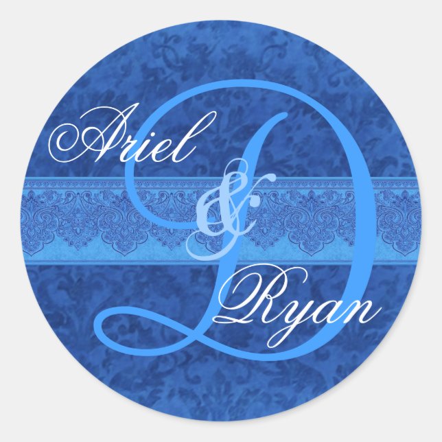Cobalt and Sky Blue Damask Wedding Monogram V2 Classic Round Sticker (Front)