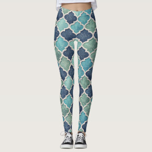 Cobalt and Teal Quatrefoil - Mediterranean Mosaic Leggings