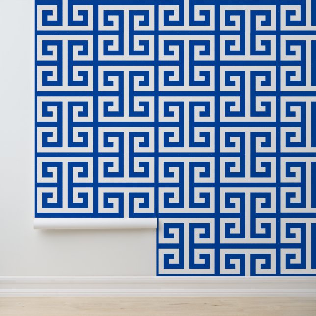 Cobalt and White Large Greek Key Wallpaper (Application)