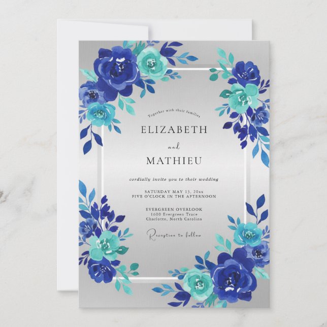 Cobalt Aqua Bloom Wedding Invitation (Front)