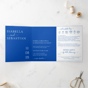 Cobalt Blue All-in-One Wedding Tri-Fold Invitation