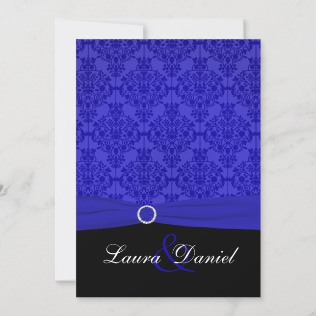Cobalt Blue and Black Damask Wedding Invitation (Front)