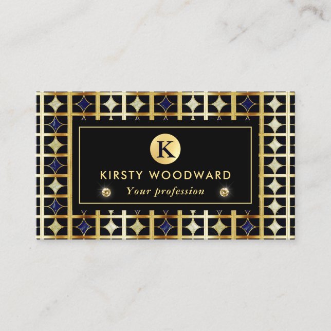Cobalt Blue and Gold Art Deco Marble pattern Business Card (Front)