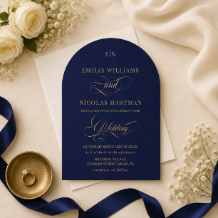 Cobalt Blue and Gold Monogram Elegant Wedding Invitation