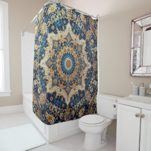 Cobalt Blue and Gold Persian Rug Style Shower Curtain