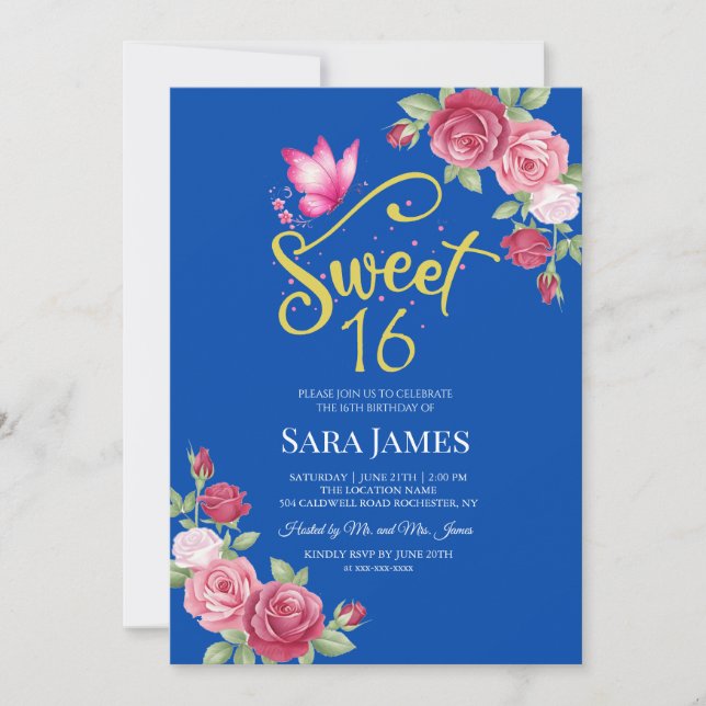 Cobalt Blue and Pink Floral Sweet 16 Birthday Invitation (Front)