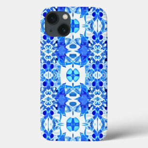 Cobalt Blue and White Batik Tile Pattern iPhone 13 Case