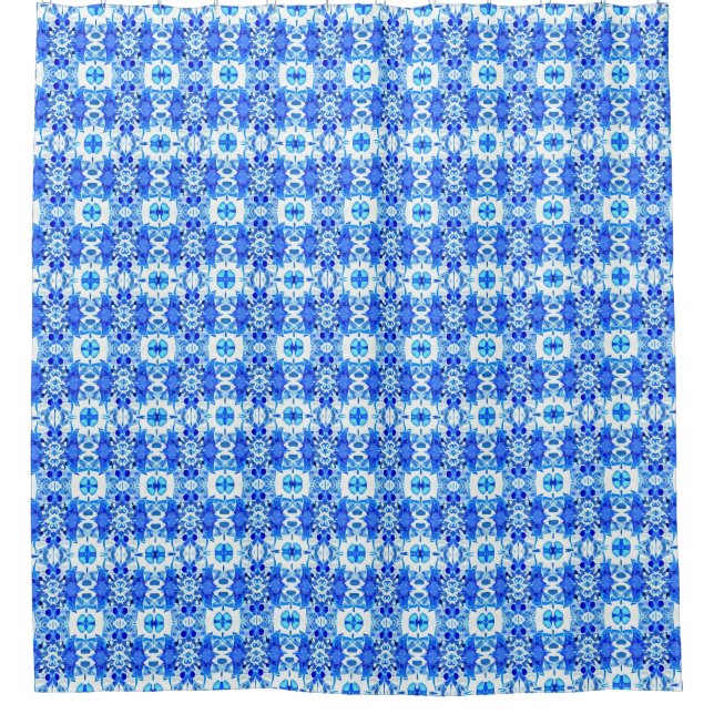 Cobalt Blue and White Batik Tile Pattern  Shower Curtain (Front)