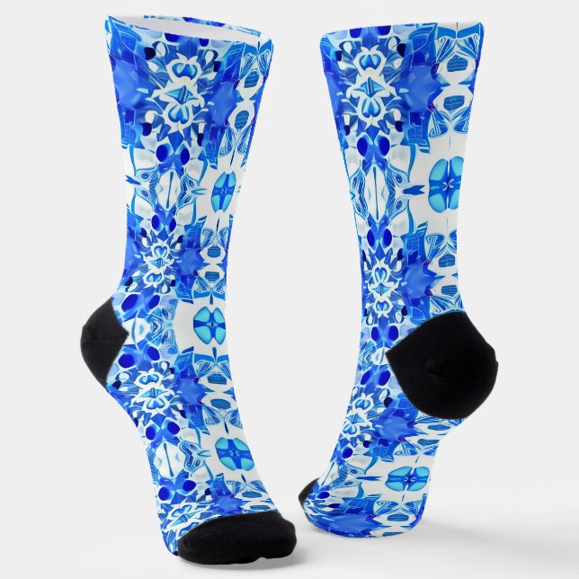 Cobalt Blue and White Batik Tile Pattern Socks (Angled)