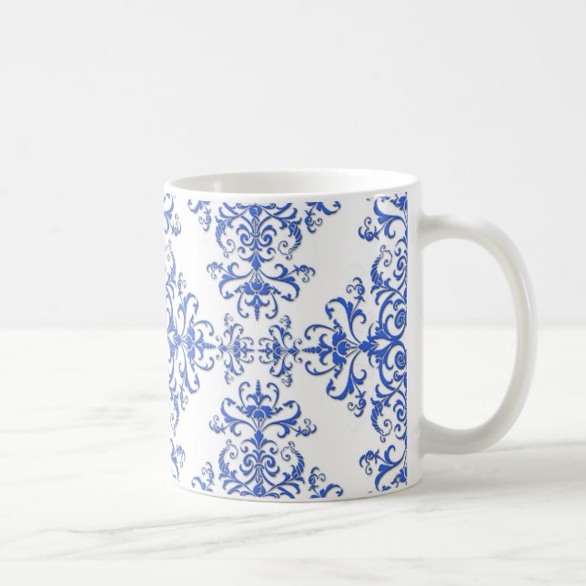 Cobalt Blue and White Floral Damask Style Pattern Coffee Mug (Right)