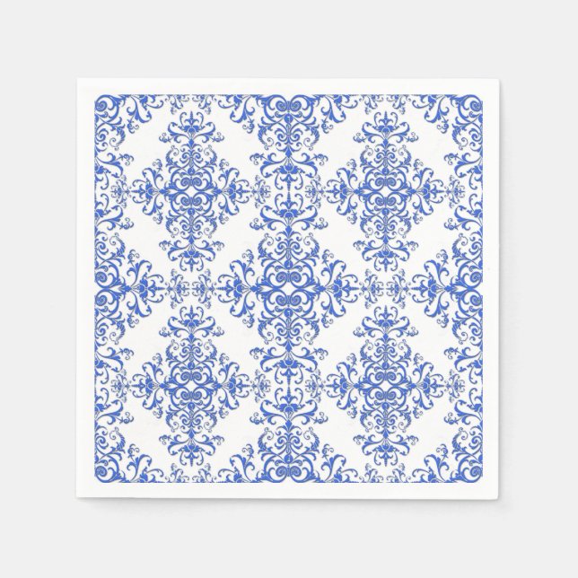 Cobalt Blue and White Floral Damask Style Pattern Napkin (Front)