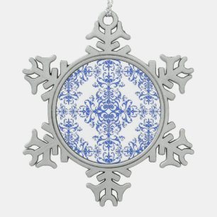 Cobalt Blue and White Floral Damask Style Pattern Snowflake Pewter Christmas Ornament
