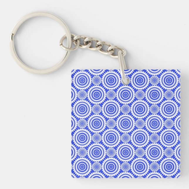 Cobalt Blue and White Kaleidoscope Pattern Key Ring (Front)