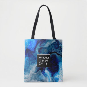 Cobalt Blue and White Marble Fluid Art Monogrammed Tote Bag