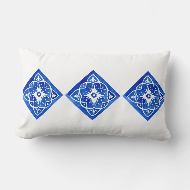 Cobalt Blue and White Mediterranean Tile Lumbar Cushion (Front)