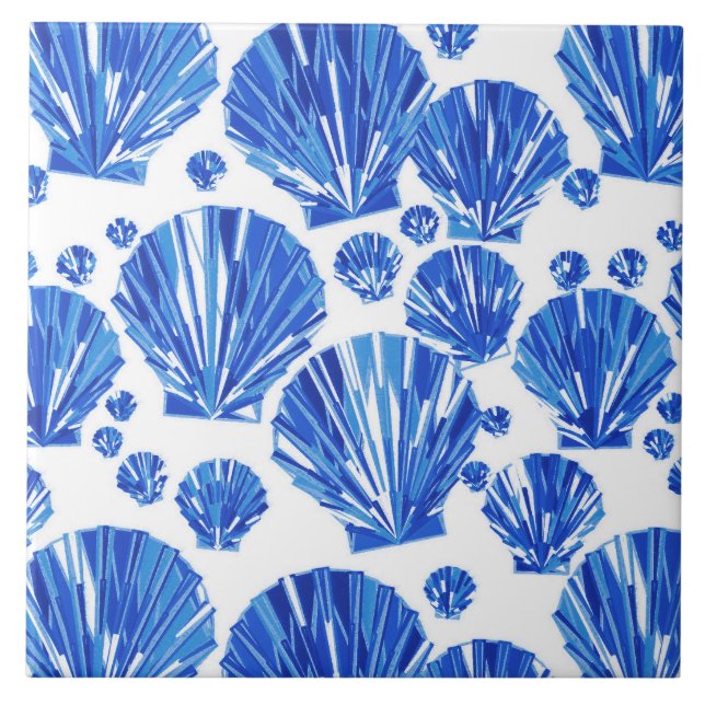 Cobalt Blue and White Sea Shells Ceramic Tile (Front)