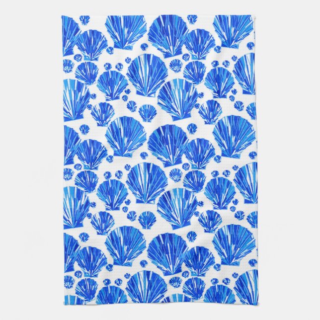 Cobalt Blue and White Sea Shells Tea Towel (Vertical)