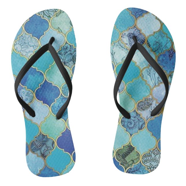 Cobalt Blue, Aqua & Gold Moroccan Jandals (Footbed)
