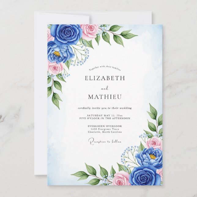 Cobalt Blue Artistic Spring Wedding Invitation (Front)