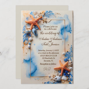 Cobalt blue beachside wedding  invitation