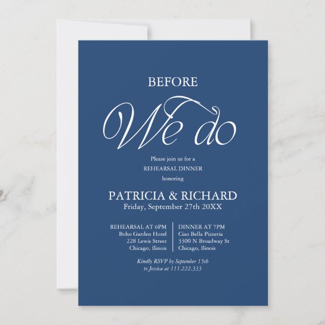 Cobalt Blue Before We Do Wedding Rehearsal Dinner Invitation (Front)