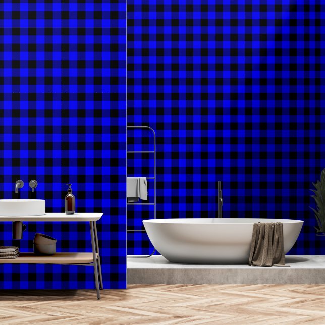 Cobalt Blue Black 3 Inch Lumberjack Buffalo Plaid Wallpaper (Bathroom)