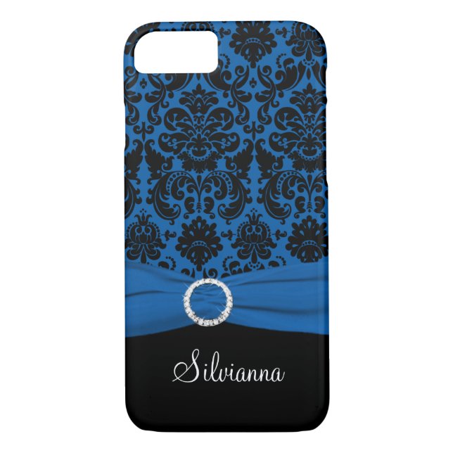 Cobalt Blue, Black, White Damask iPhone 7 case (Back)