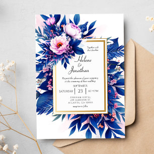 Cobalt Blue Blush Pink Floral Elegant Wedding Invitation