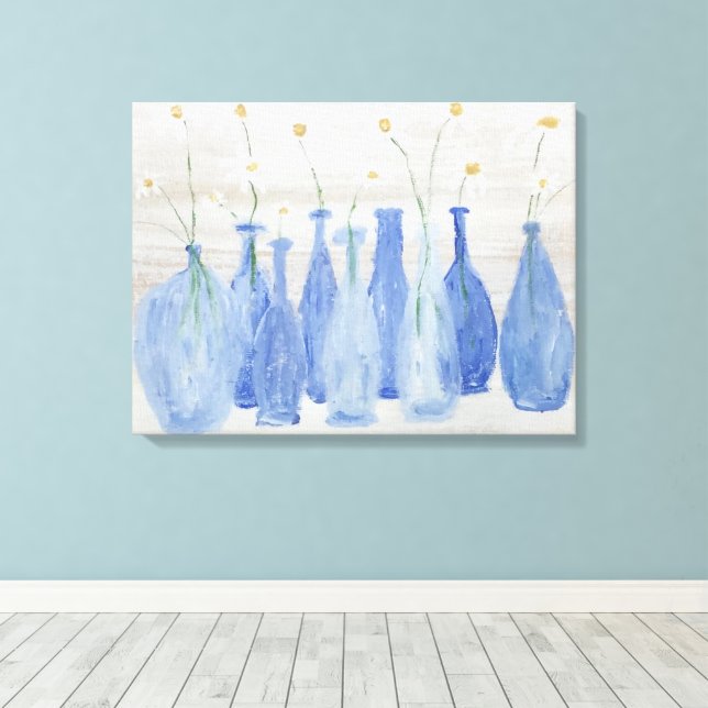 Cobalt Blue Bottles with Daisies Jars  Canvas Print (Insitu(Wood Floor))