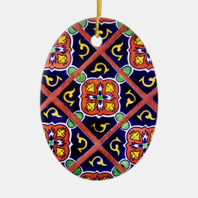Cobalt Blue Burnt Orange Southwestern Tile Design Ceramic Tree Decoration (Front)