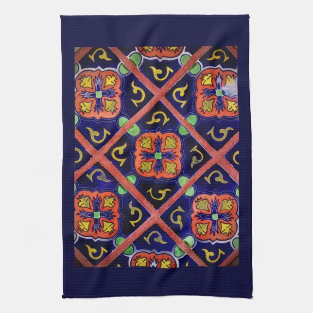 Cobalt Blue Burnt Orange Southwestern Tile Design Tea Towel (Vertical)