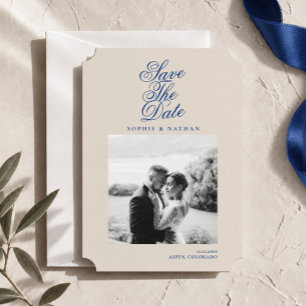 Cobalt Blue Calligraphy Photo Save the Date Invitation