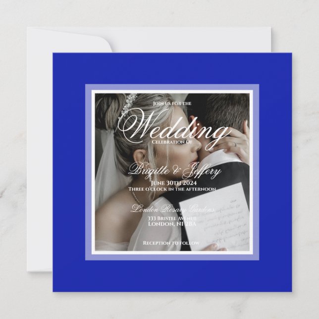 Cobalt blue customisable wedding photo invitation (Front)