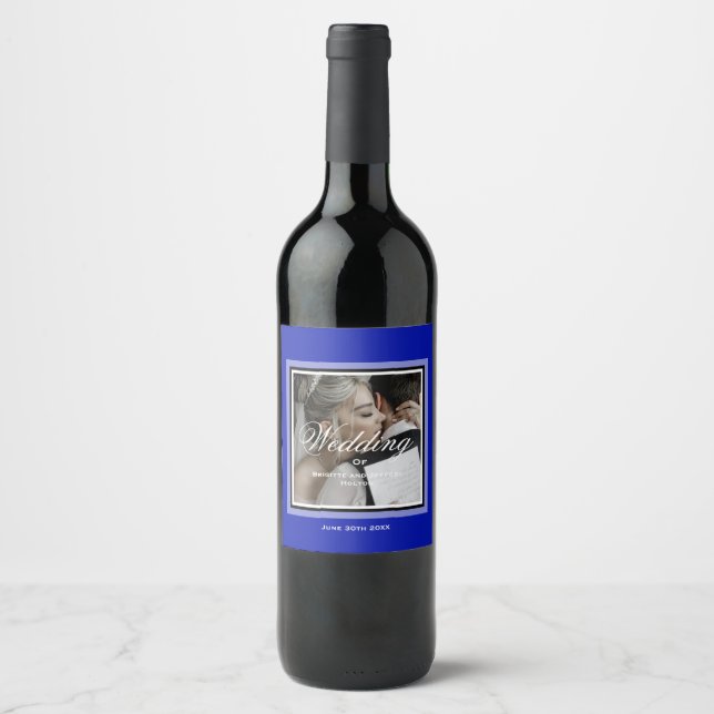 Cobalt blue customisable wedding photo wine label (Front)