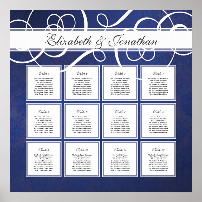 Cobalt Blue Damask Dinner Party Seating Chart (Front)