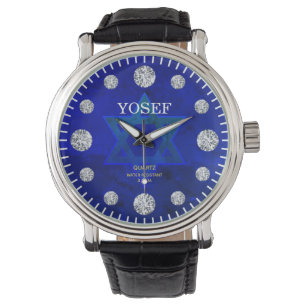 Cobalt Blue Diamond DialStar of David Custom Name Watch