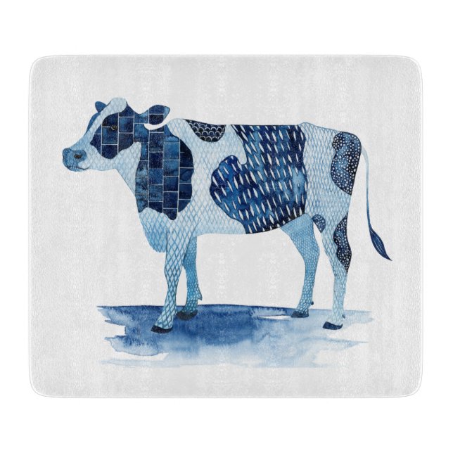 Cobalt Blue Farm Animals - Cow Cutting Board (Front)
