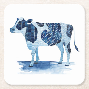 Cobalt Blue Farm Animals - Cow Square Paper Coaster